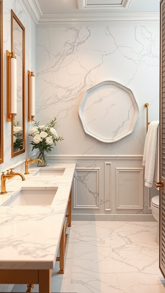 Luxurious bathroom with marble accents, gold fixtures, and fresh flowers.
