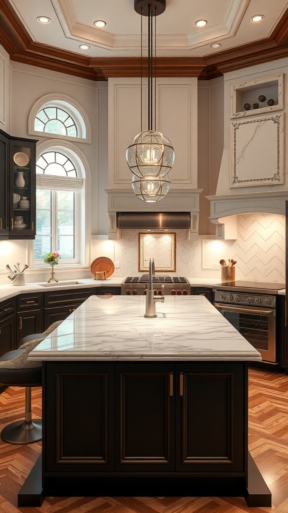 A luxurious kitchen featuring a marble topped island, dark cabinetry, and modern lighting.