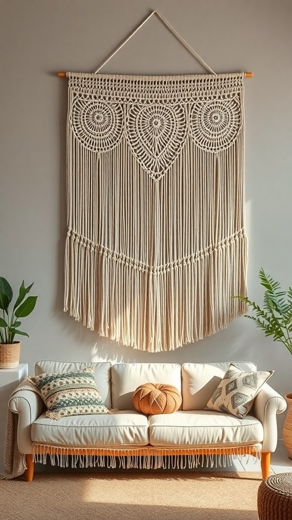 A cozy living room featuring a large macrame wall hanging above a beige couch with decorative pillows.