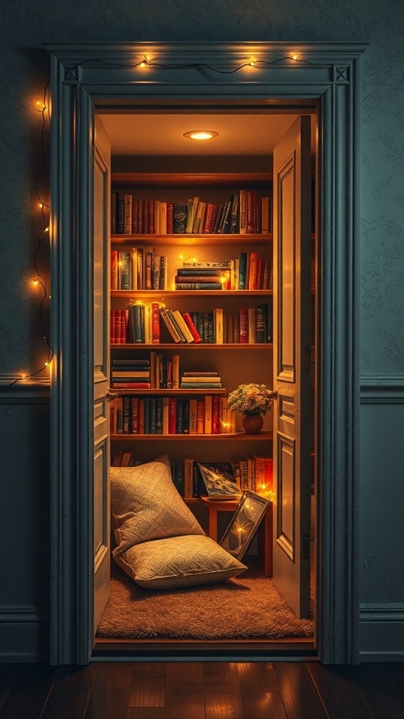 A cozy book nook with shelves filled with books, soft pillows, and fairy lights creating a warm atmosphere.