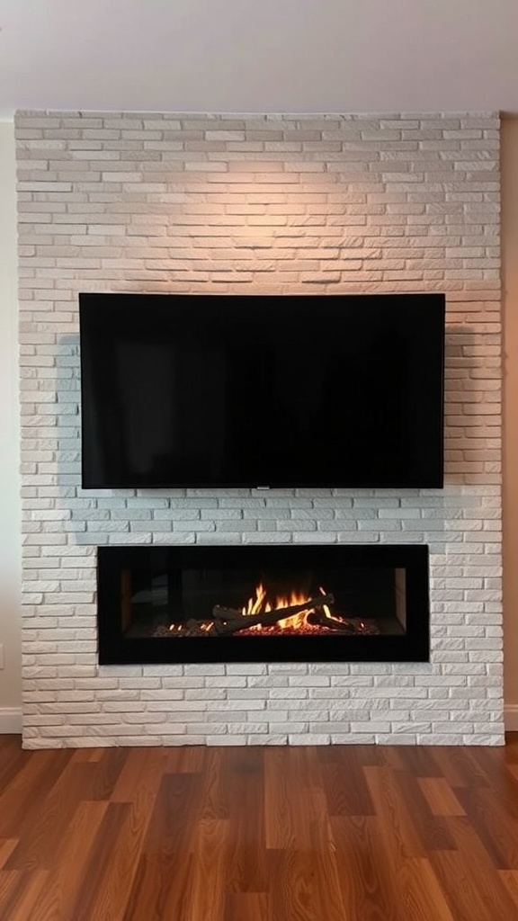 A modern fireplace with a TV mounted above it, featuring a sleek design and warm flames.