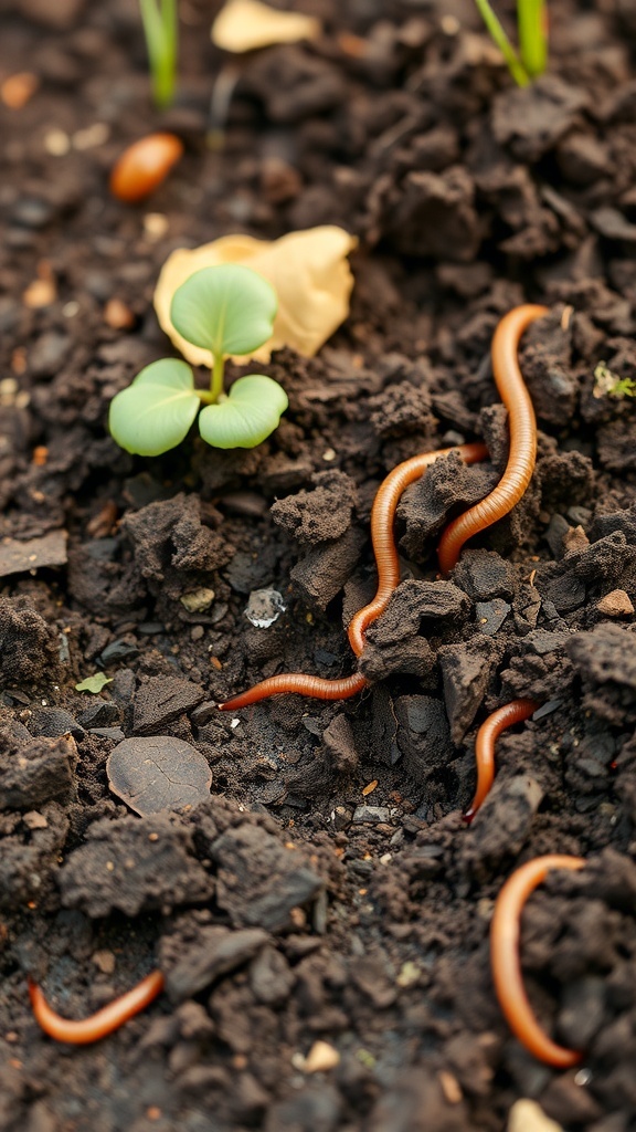 Close-up of soil with earthworms and a small green plant sprouting