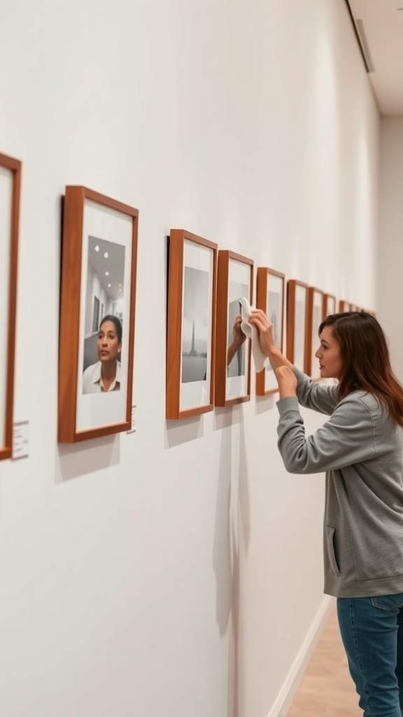 A woman cleaning a gallery wall with framed photos.