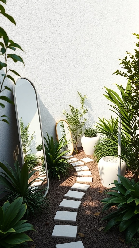 A small garden with mirrors and stepping stones surrounded by plants
