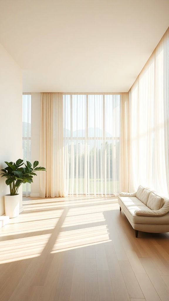 A bright living room with large windows covered by sheer curtains, allowing natural light to flood the space.