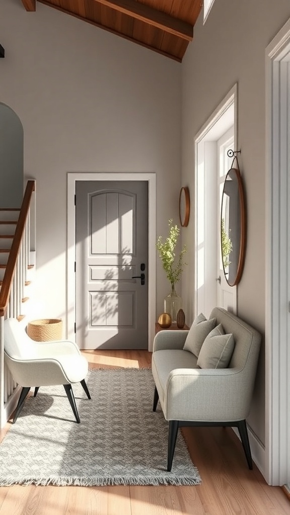 A small entry foyer with a light color scheme, featuring a sofa, chair, and decorative elements.