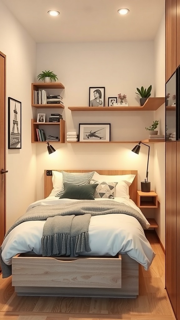 A cozy bedroom with a bed featuring built-in drawers, floating shelves, and warm lighting.