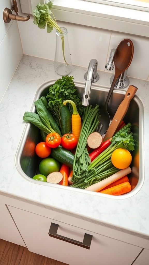 A deep kitchen sink filled with fresh vegetables, showcasing its functionality and space-saving design.