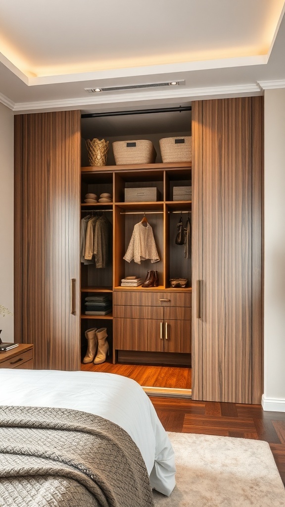 A modern built-in wardrobe with wooden finish, featuring shelves and baskets, in a stylish bedroom.