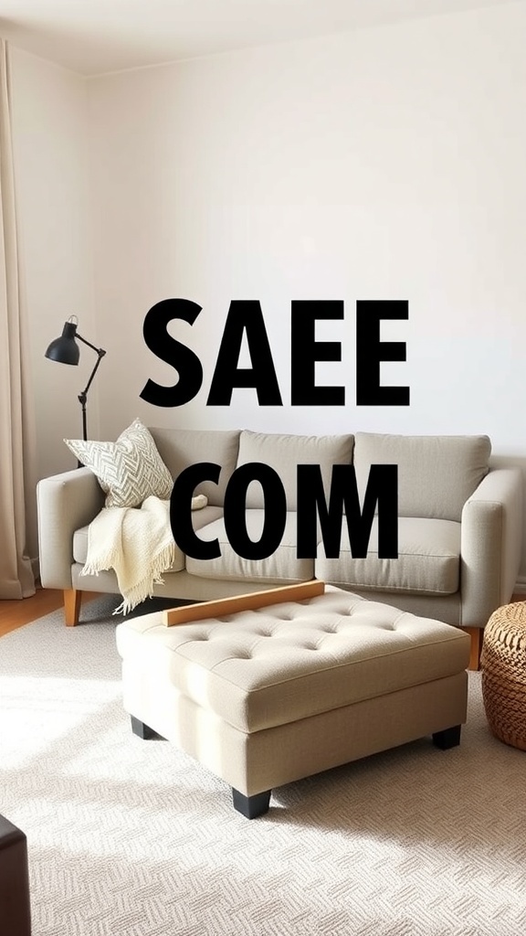 Small sitting room with a sofa and an ottoman.