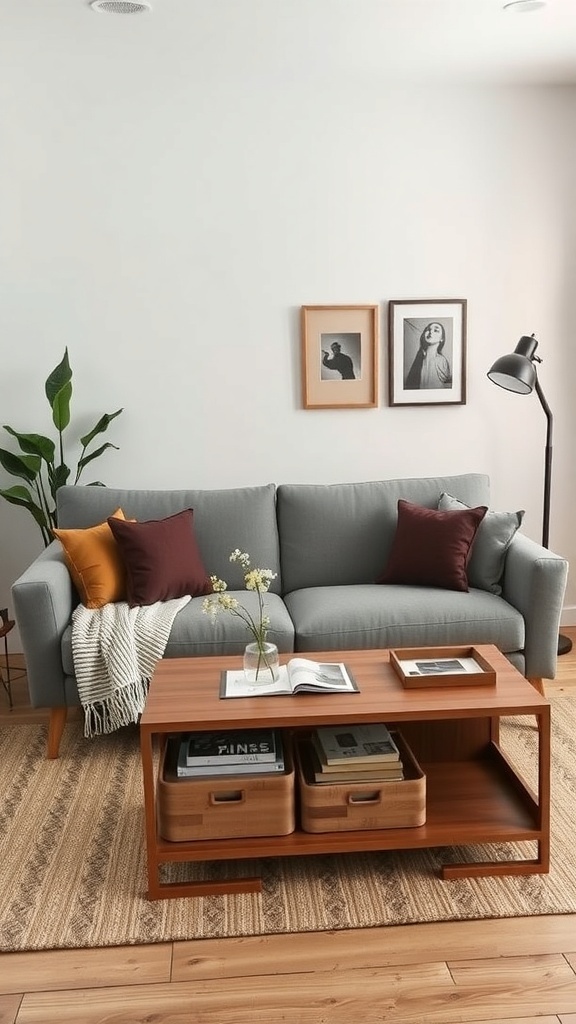 Cozy small living room with multi-functional furniture including a stylish coffee table with storage.