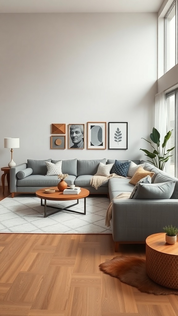 A cozy sectional living room layout with a gray sofa, round coffee table, and modern decor.