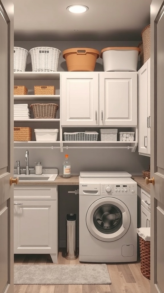 A modern laundry room with white cabinets, organized shelves, and a washing machine.