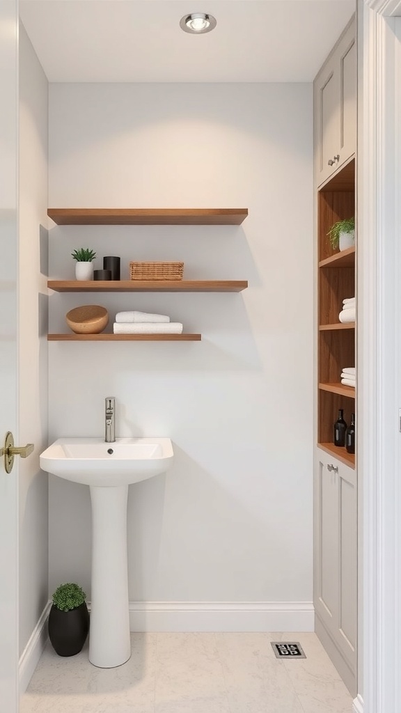 A modern small bathroom featuring floating shelves, a pedestal sink, and built-in cabinetry for storage.