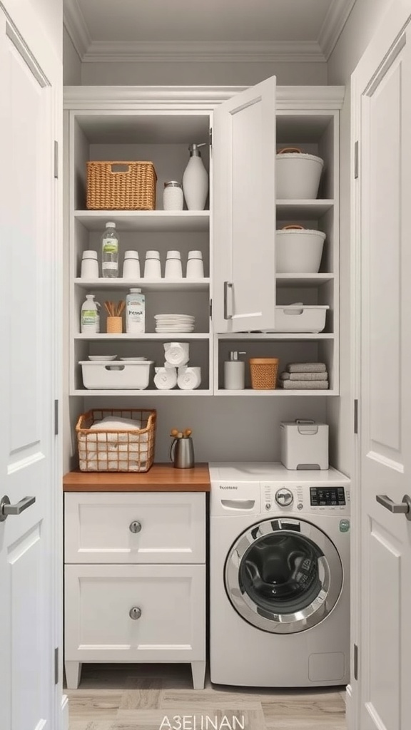 A well-organized laundry room with vertical cabinets, showcasing various storage containers and a washing machine.
