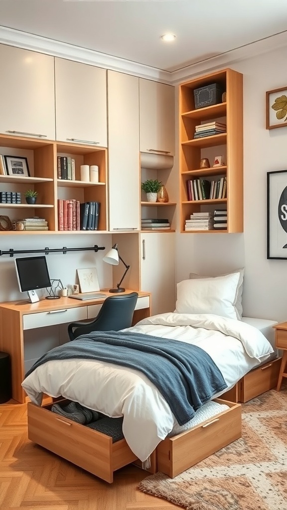 A cozy office guest room combo featuring a bed with under-bed storage and a desk with shelves.