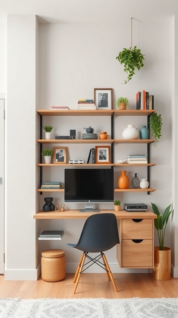 A stylish workspace featuring vertical shelves with decorative items, a computer, and a chair in a studio apartment.