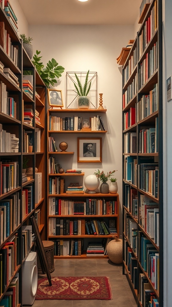 A narrow hallway with tall bookshelves filled with books, plants, and decorative items.