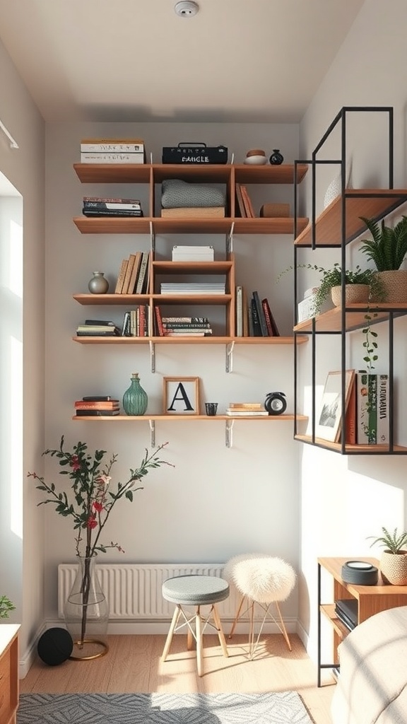 A small apartment interior with wall-mounted shelves filled with books, plants, and decorative items.