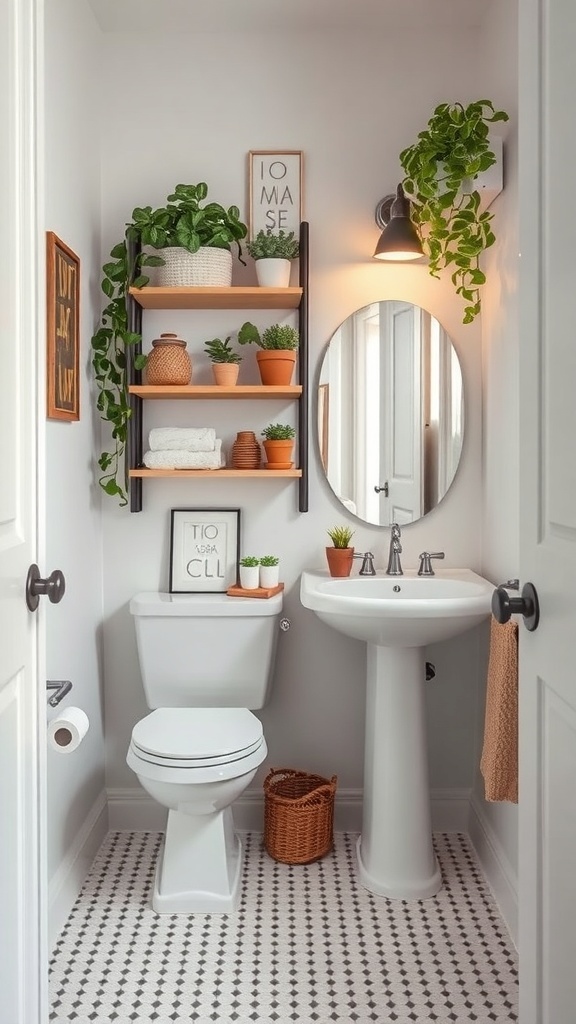 A small bathroom with wall-mounted shelves, plants, and a round mirror.