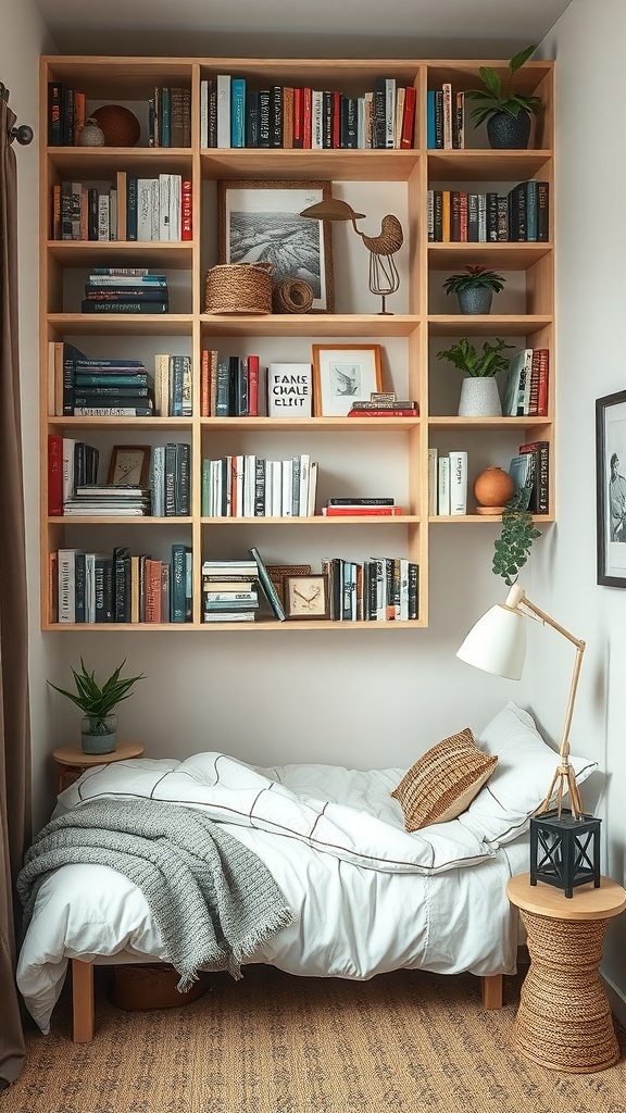 Cozy small bedroom with a tall bookshelf filled with books and decorative items, next to a neatly made bed.