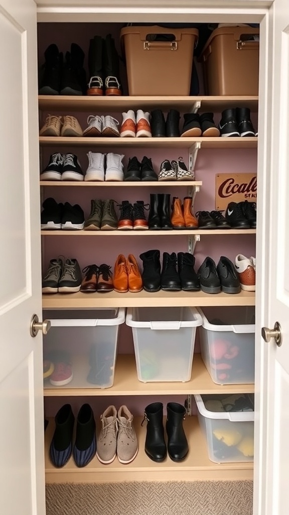 A neatly organized closet with shoes on shelves and storage bins on top.