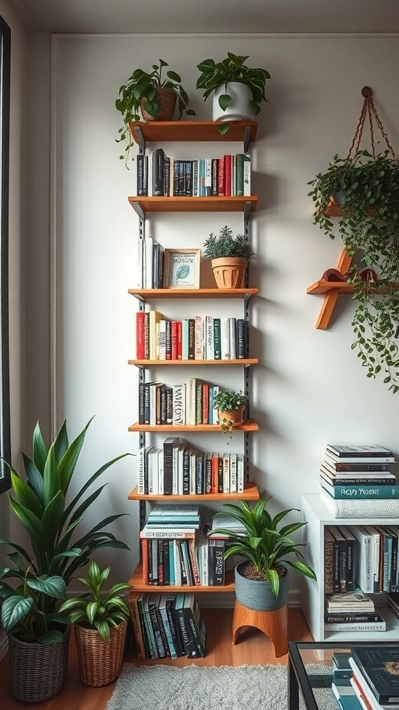A tall wooden shelving unit filled with books and plants in a small apartment.