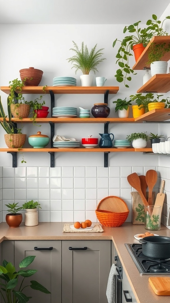 A small kitchen with wooden shelves filled with colorful dishes and plants