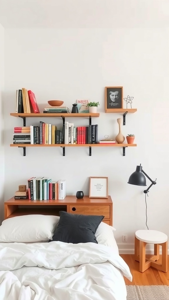 A cozy small bedroom with floating shelves filled with books and decor above a bed.