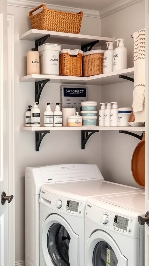 Organized laundry room with shelves above washing machines, featuring baskets and containers for storage.