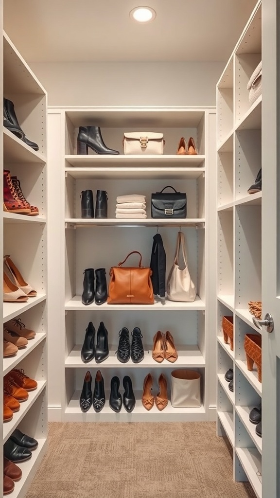 Organized closet with shelves displaying shoes and bags