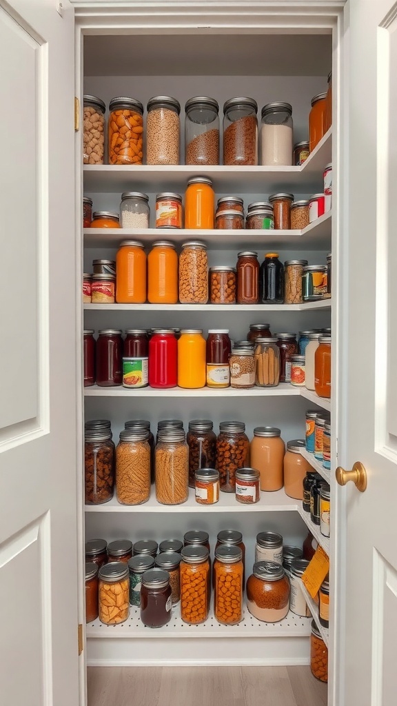 Organized small corner pantry with shelves filled with jars and containers.