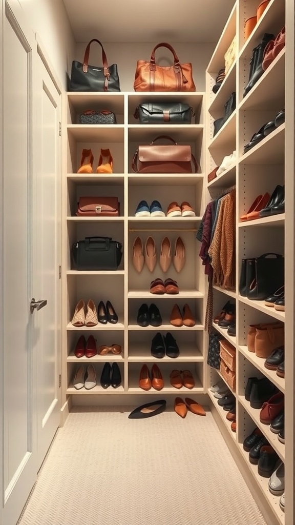 A small walk-in closet with organized vertical shelving for shoes and bags.