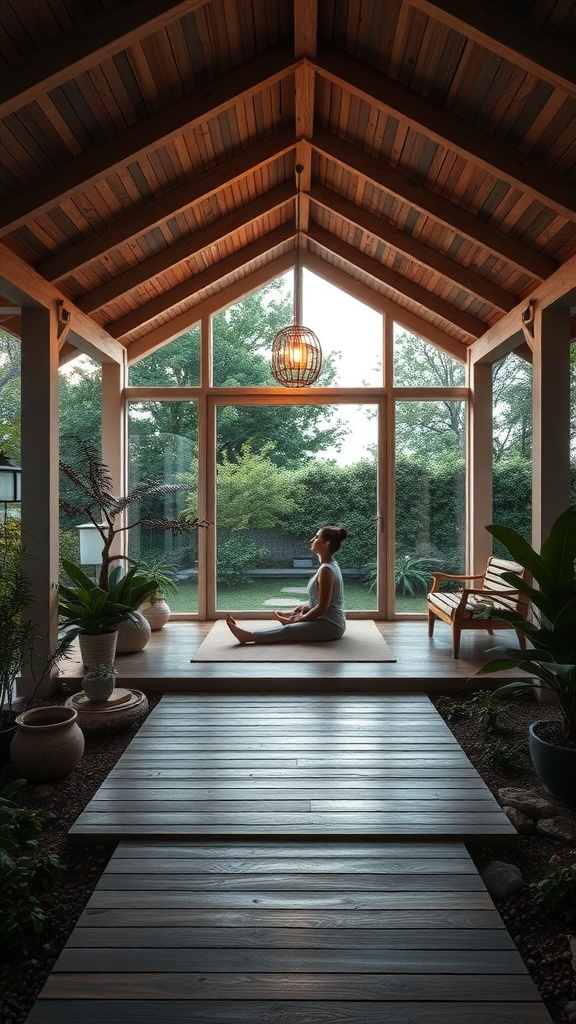 A serene garden summer house designed for meditation and yoga, featuring large windows, wooden beams, and lush plants.