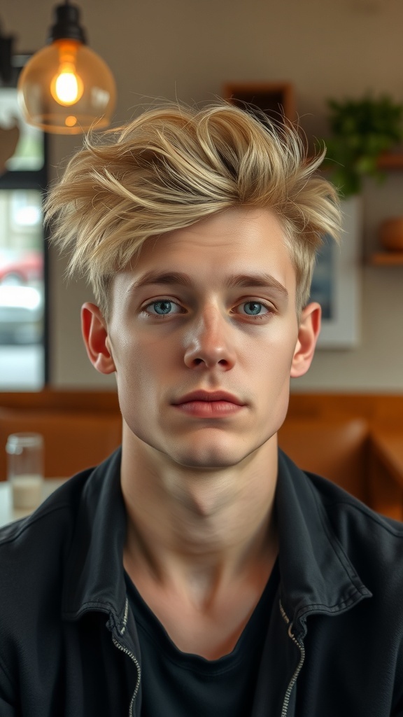 A young man with a messy blonde quiff hairstyle, looking stylish and relaxed.