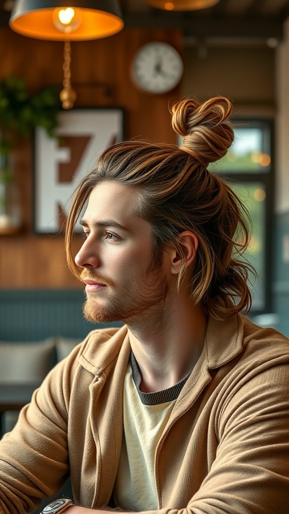 A man with long hair styled in a messy bun and a stubble beard, sitting in a cozy cafe.