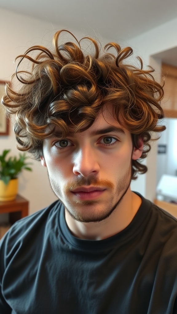 A young man with messy curly hair, looking directly at the camera with a serious expression.