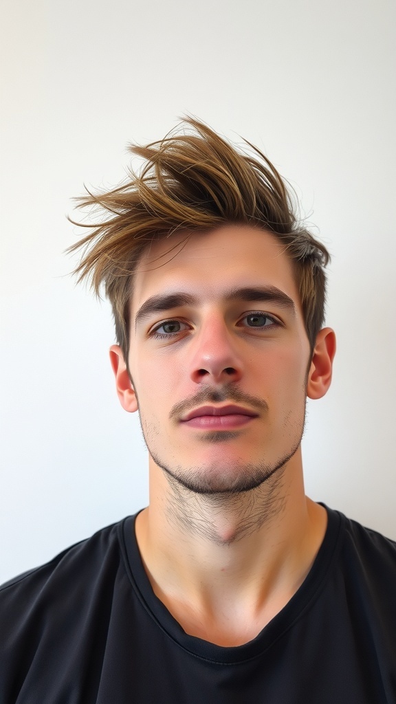 A young man with thick hair styled in a messy quiff, showcasing an effortless and trendy look.