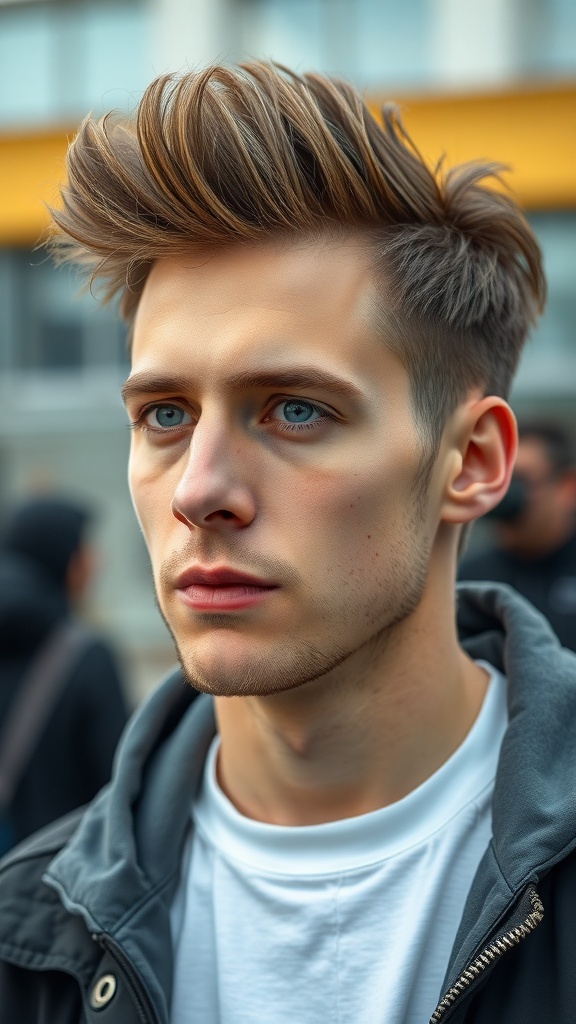 A young man with a messy quiff hairstyle, showcasing volume and texture.