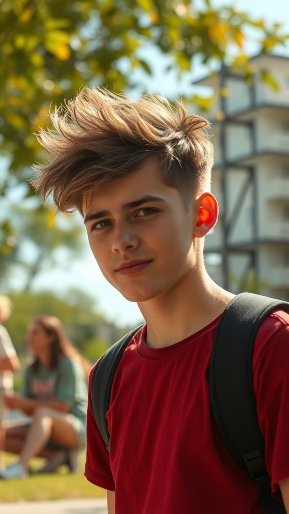 A teen boy with a messy quiff hairstyle, wearing a red shirt and a backpack, standing outdoors.