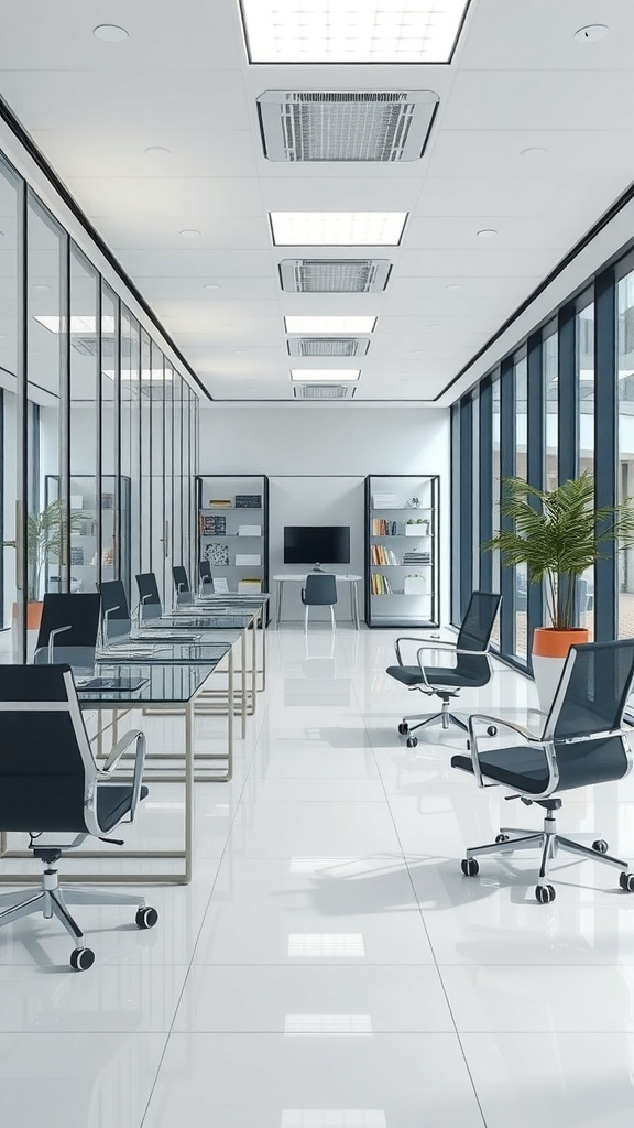 Modern office space with glass desks and metal frames, showcasing a sleek design.