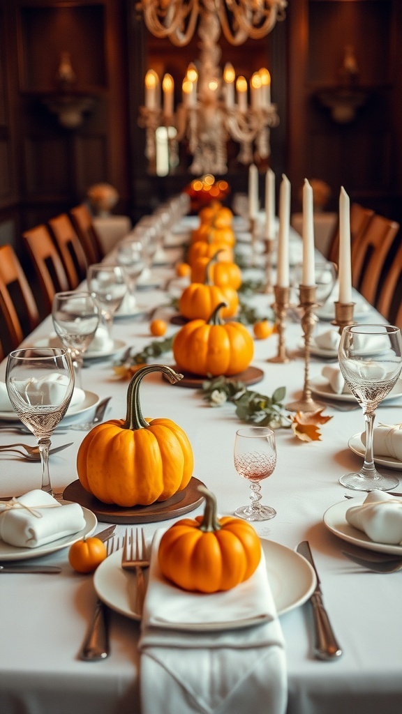 A beautifully set dining table with mini pumpkins as place settings, surrounded by elegant glassware and candles.