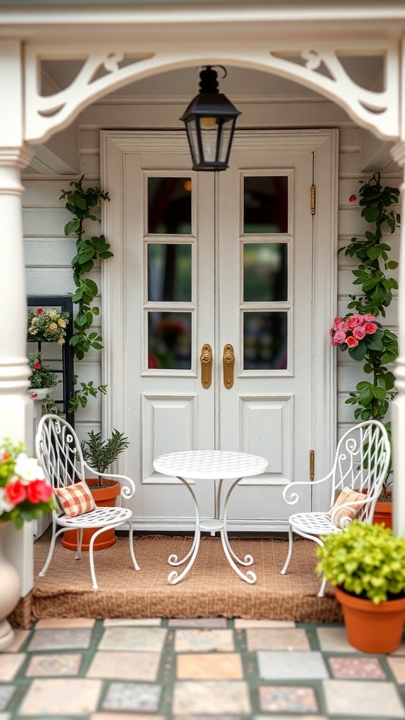Charming miniature furniture arrangement on a front porch with two white chairs and a small round table surrounded by plants.