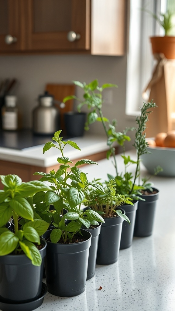 A row of small pots with various herbs like basil, mint, and rosemary on a kitchen counter.