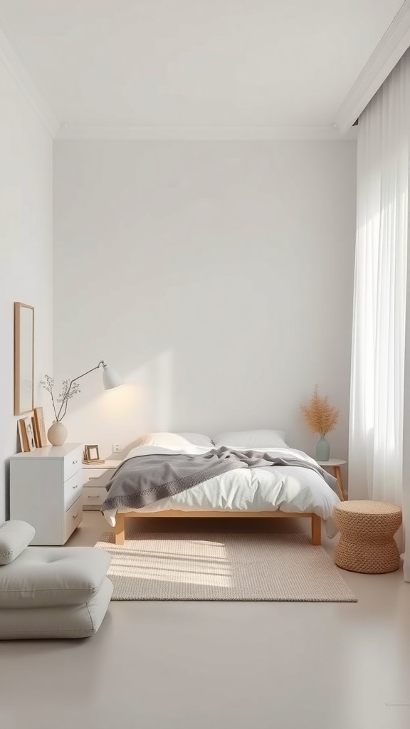 A minimalist bedroom featuring a cozy bed, soft colors, and natural light.