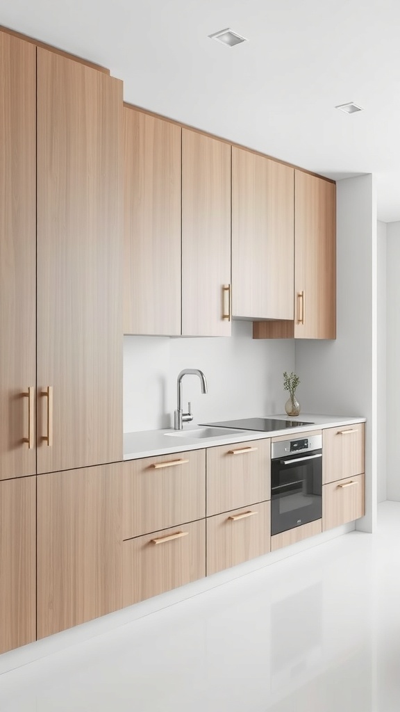 A sleek, minimalist kitchen with wooden cabinets and modern appliances.