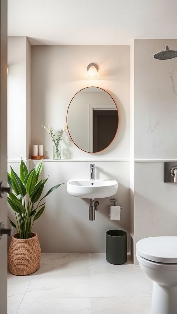 A modern small bathroom featuring a round mirror, wall-mounted sink, and a plant in a woven pot.