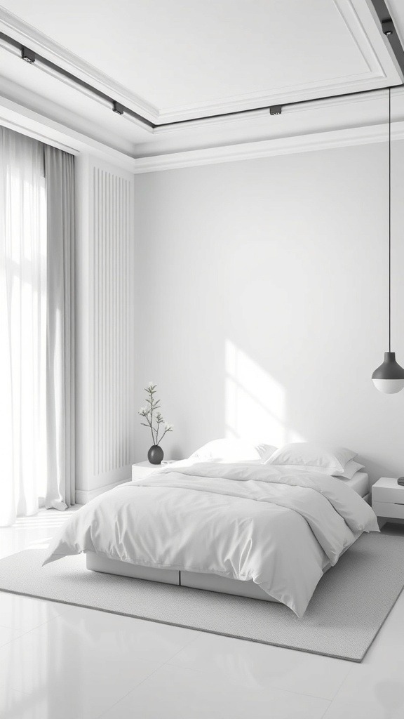 Minimalist bedroom design with white bedding and gray accents.