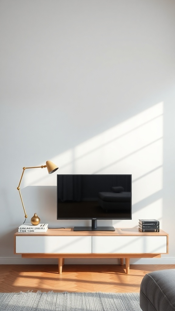 Minimalist floating desk above a TV with a stylish lamp and decorative books.