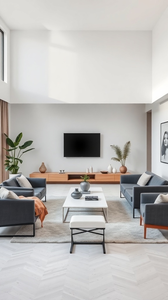A minimalist living room featuring gray sofas, a coffee table, and plants, with a bright and open layout.